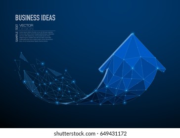 Abstract image of a arrow in the form of a starry sky or space, consisting of points, lines, and shapes in the form of planets, stars and the universe. Business arrow vector wireframe growth concept