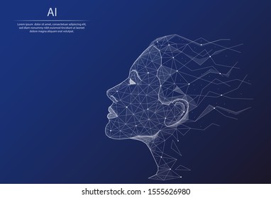Abstract image ARTIFICIAL INTELLIGENCE in the form of lines and dots, consisting of triangles and geometric shapes. 3D Low poly vector background. AI in the form of a female head