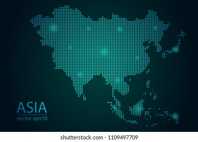 Abstract Image Asia Map From Pixel Emerald Green and Glowing Stars on a Dark Background. Vector illustration Eps 10.