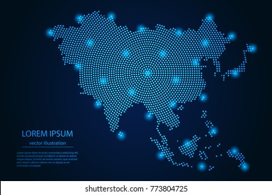 Abstract image Asia map from point blue and glowing stars on a dark background. vector illustration. Vector eps 10.