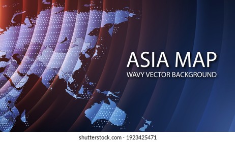 Abstract image of Asia and Oceania in perspective on a dark background. Vector. The contours of Asian countries in the form of a wavy structure. 3D effect with glow and blur. Volumetric radial circles