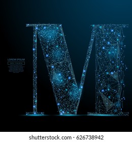 Abstract image of athe letter M of a starry sky or space, consisting of points, lines, and shapes in the form of planets, stars and the universe. Vector business