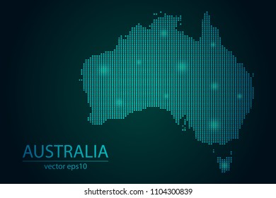 Abstract Image Australia Map From Pixel Emerald Green and Glowing Stars on a Dark Background. Vector illustration Eps 10.