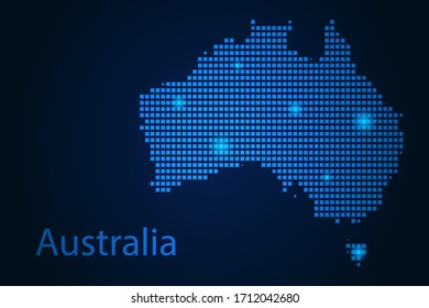 Abstract image Australia map from pixels blue and glowing stars on a dark background. Vector illustration eps 10.