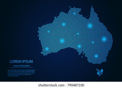 Abstract image Australia map from point blue and glowing stars on a dark background. vector illustration.