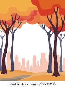 Abstract image of the autumn trees and city. Beautiful landscape. Vector background for design presentations, brochures, web sites and banners.