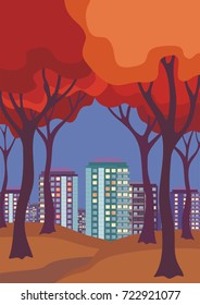 Abstract image of the autumn trees and city. Beautiful landscape. Vector background for design presentations, brochures, web sites and banners.
