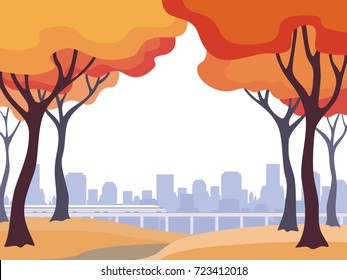 Abstract image of the autumn trees and city. Beautiful landscape. Vector background for design presentations, brochures, web sites and banners.