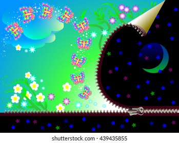 Abstract image for background with flowers and butterflies, vector cartoon image.