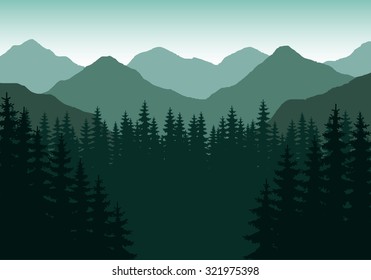 Abstract image in the background of mountains and dense forest down to the valley in the foreground. Mountain landscape. Forest mountains in the background. Picture for conversion. vector