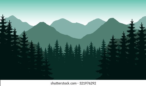 Abstract image in the background of mountains and dense forest down to the valley in the foreground. Mountain landscape. Forest mountains in the background. Picture for conversion. vector