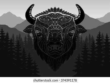 Abstract image in the background of mountains and dense forest down to the valley in the foreground. Patterned head bull, bison, buffalo in style zentangle. Tribal ornament painted by hand. Vector.