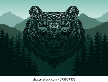 Abstract image in the background of mountains and dense forest down to the valley in the foreground. Patterned head bear in style zentangle. Tribal ornament painted by hand. Vector. Logo. Icon.