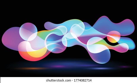 An abstract image of a balloon with differently colored, rounded, bright and bright colors floating above a black background.
