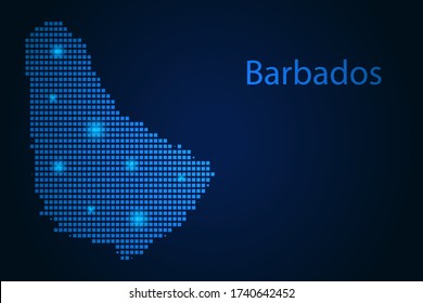 Abstract image Barbados map from pixels blue and glowing stars on a dark background. Vector illustration eps 10.