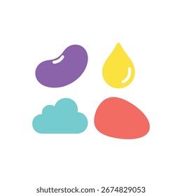 Abstract image with bean, drop, cloud and stone shapes in purple, yellow, blue and red colors