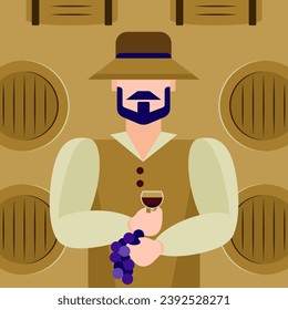 Abstract image of a bearded man wearing a hat, making wine in brown, greenish and dark blue colours.