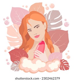 Abstract image of a beautiful red-haired girl with a bottle of cosmetics framed by tropical leaves and foam on a white background