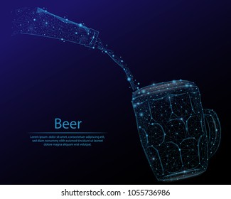 Abstract image of a beer mug and bottle in the form of a starry sky or space, consisting of points, lines, and shapes in the form of planets, stars and the universe.