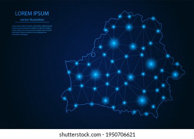 Mapa de imagen abstracta Bielorrusia - Con puntos y líneas de brillo azul en fondo de degradado oscuro, conexión de red de polígono de malla 3D, Ilustración vectorial Eps 10.