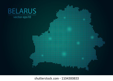 Abstract Image Belarus Map From Pixel Emerald Green and Glowing Stars on a Dark Background. Vector illustration Eps 10.