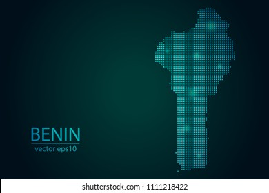 Abstract Image Benin Map From Pixel Emerald Green and Glowing Stars on a Dark Background. Vector illustration Eps 10.