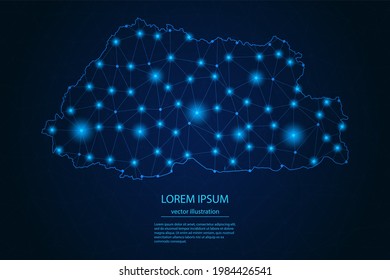 Mapa de Bután de imagen abstracta - Con puntos y líneas de resplandor azul en fondo de degradado oscuro, conexión de red de polígono de malla 3D, Ilustración vectorial Eps 10.