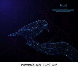 Abstract image of a bird in the hand in the form of a starry sky or space, consisting of points, lines, and shapes in the form of planets, stars and the universe. Low poly vector background.