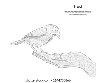 Abstract image the bird on the hand in the form of lines and dots, consisting of triangles and geometric shapes. Low poly vector background.