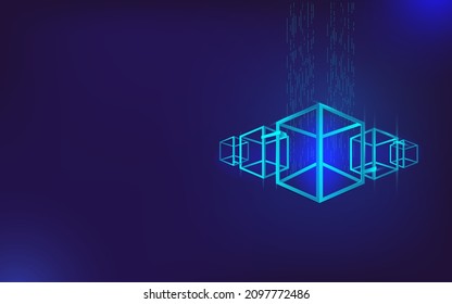 Abstract image of blocks connected to each other. Vector illustration in neon colors on the blockchain theme. Horizontal banner template.