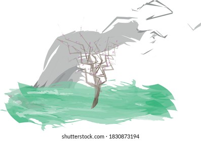 Abstract image of blooming sakura on mountain background