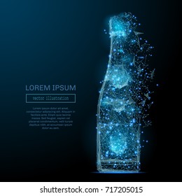 Abstract image of a bottle of champagne low poly in the form of a starry sky or space, consisting of points, lines, and shapes in the form of planets, stars and the universe. Vector wireframe concept.