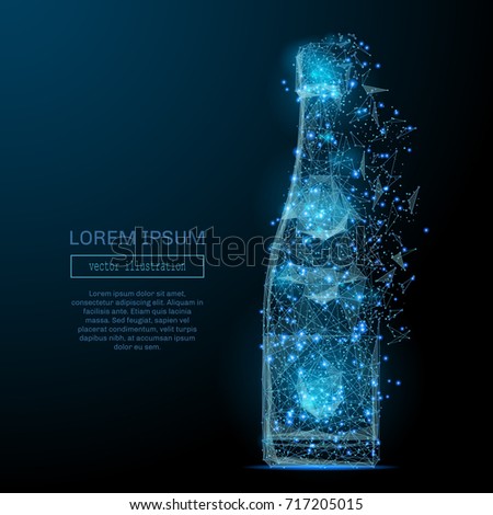 Abstract image of a bottle of champagne low poly in the form of a starry sky or space, consisting of points, lines, and shapes in the form of planets, stars and the universe. Vector wireframe concept.