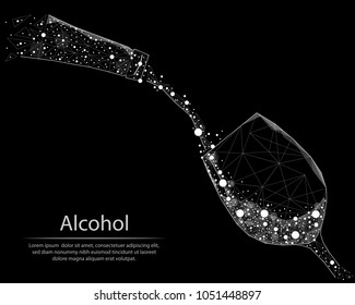 Abstract image bottle and wine glass in the form of lines and dots, consisting of triangles and geometric shapes. Low poly vector background.