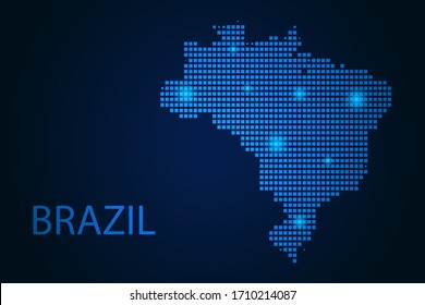 Abstract image Brazil map from pixels blue and glowing stars on a dark background. Vector illustration eps 10.