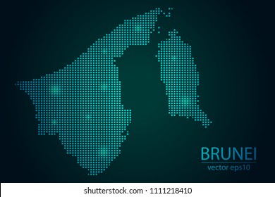 Abstract Image Brunei Map From Pixel Emerald Green and Glowing Stars on a Dark Background. Vector illustration Eps 10.