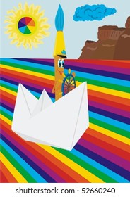 An abstract image of a brush, which stands at the helm of a boat for sailing on the river of color