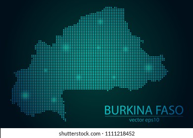 Abstract Image BurkinaFaso Map From Pixel Emerald Green and Glowing Stars on a Dark Background. Vector illustration Eps 10.