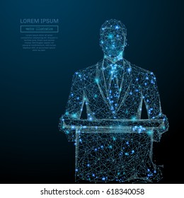 Abstract image of a business man standing behind rostrum in the form of a starry sky or space, consisting of points, and shapes in the form of planets, stars and universe. Vector wireframe concept.