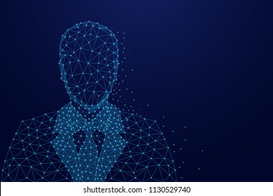 Abstract image of a businessman in suit in the form of a starry sky or space, consisting of points, lines, and shapes in the form of planets, stars and the universe. Vector business wireframe concept.