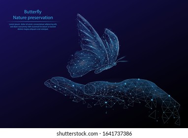 Abstract image Butterfly and hand in the form of a starry sky or space, consisting of points, lines, and shapes in the form of planets, stars and the universe. 3D Low poly vector. Nature protection