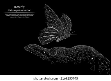Abstract image Butterfly and hand in the form of lines and dots, consisting of triangles and geometric shapes. 3D Low poly vector background. Nature protection. Black and white image