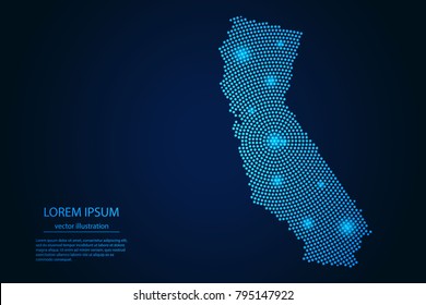 Abstract Image California Map From Point Blue And Glowing Stars On A Dark Background. Vector Illustration.