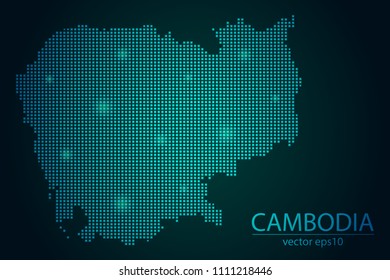 Abstract Image Cambodia Map From Pixel Emerald Green and Glowing Stars on a Dark Background. Vector illustration Eps 10.