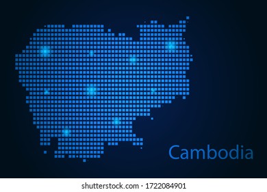 Imagen abstracta de un mapa de Camboya de píxeles azules y brillantes estrellas en un fondo oscuro. Ilustración vectorial, pasos 10.