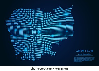 Abstract image Cambodia map from point blue and glowing stars on a dark background. vector illustration.