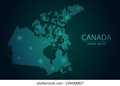 Abstract Image Canada Map From Pixel Emerald Green and Glowing Stars on a Dark Background. Vector illustration Eps 10.