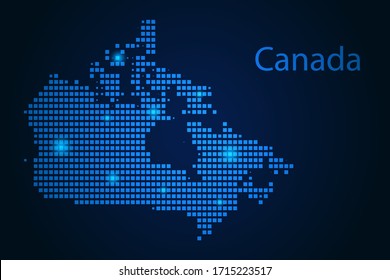 Abstract image Canada map from pixels blue and glowing stars on a dark background. Vector illustration eps 10.