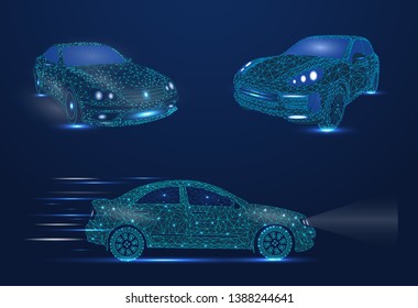 Abstract image of a car in the form of points and lines, triangles, broken glass. Business vector. Three cars