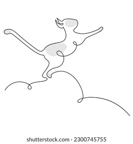 Abstract image of cat jumping up drawn in one line with spots in trendy gray shades. Minimalist art